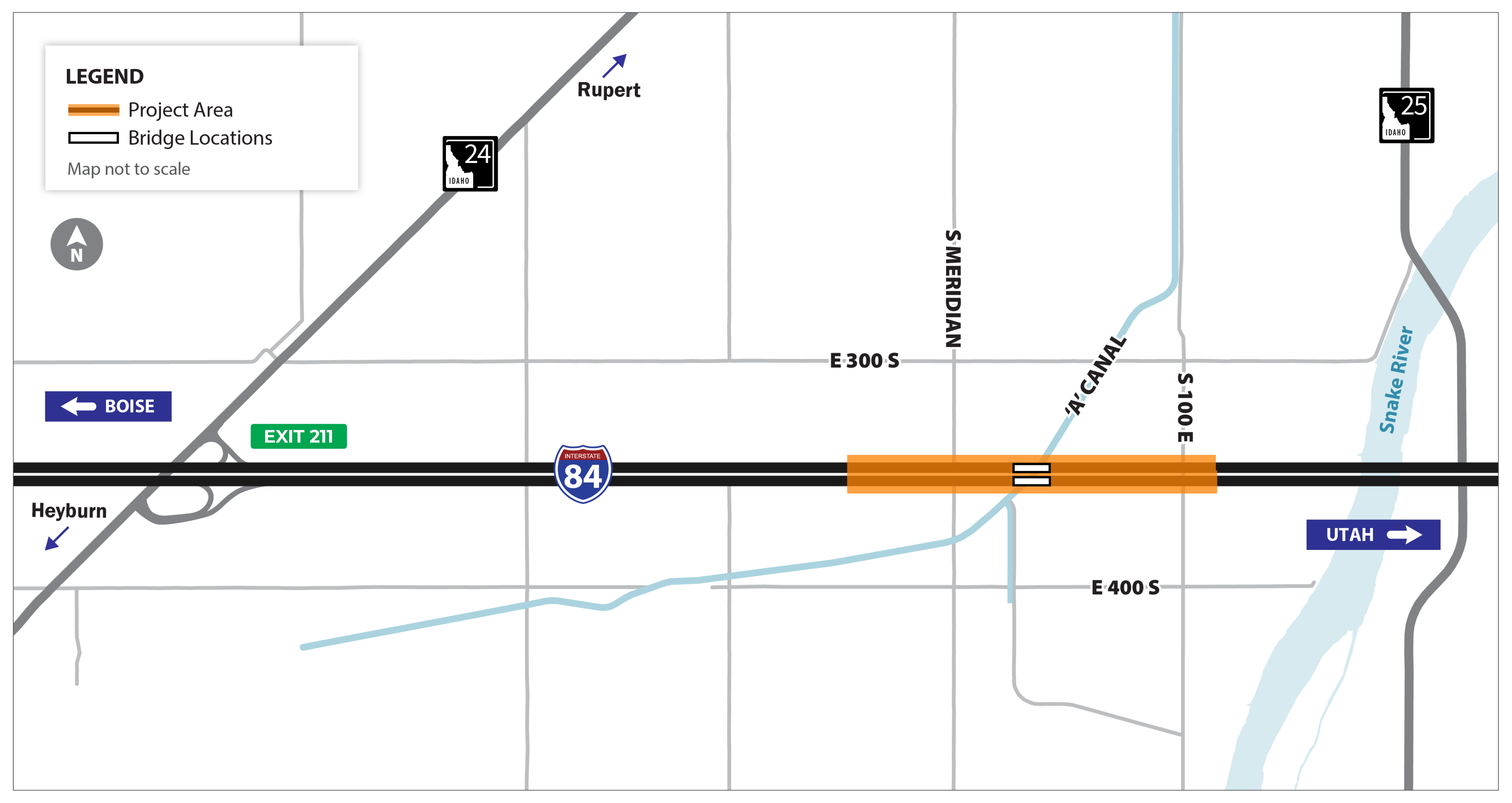 Project area map in southern Idaho showing a section of Interstate 84 between Exit 211 near Heyburn and the Snake River. The highlighted project area is along I-84 near the A Canal and S 100 E, with two bridge locations marked. Nearby routes include Idaho Highways 24 and 25, with Boise to the west and Utah to the east.